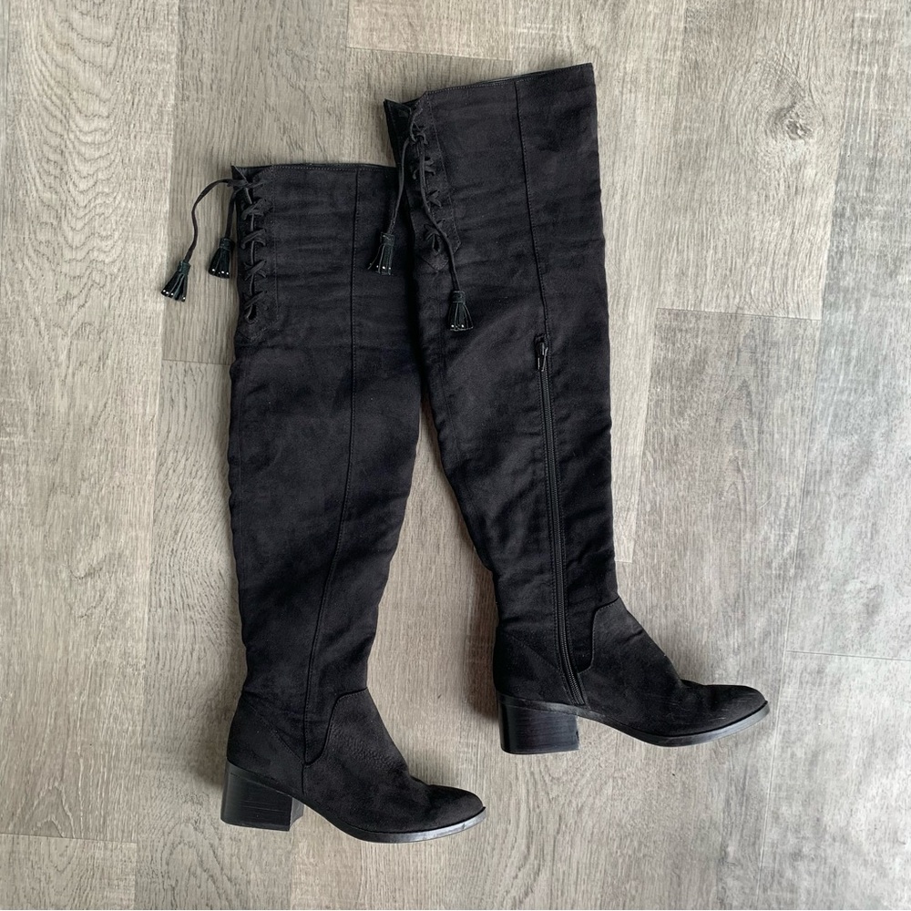 Call It Spring Thigh High Suede Black Heeled Boots